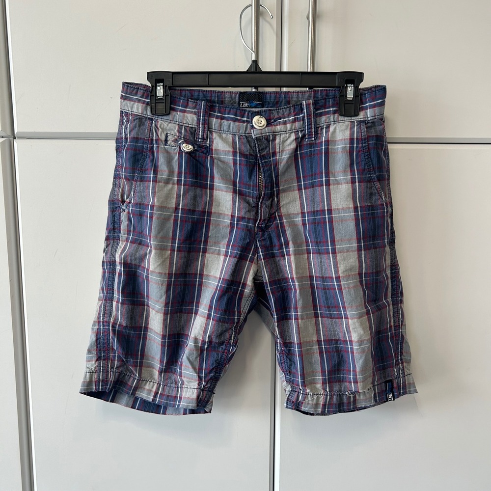 Lee Pipes Mens Plaid Shorts Blue Grey Red Cotton Cargo Casual Size 30